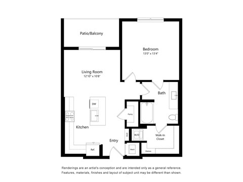 A floor plan of a house with a living room, kitchen, bathroom, bedroom and a patio/balcony.